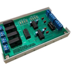 A green board with four relays and one blue button.
